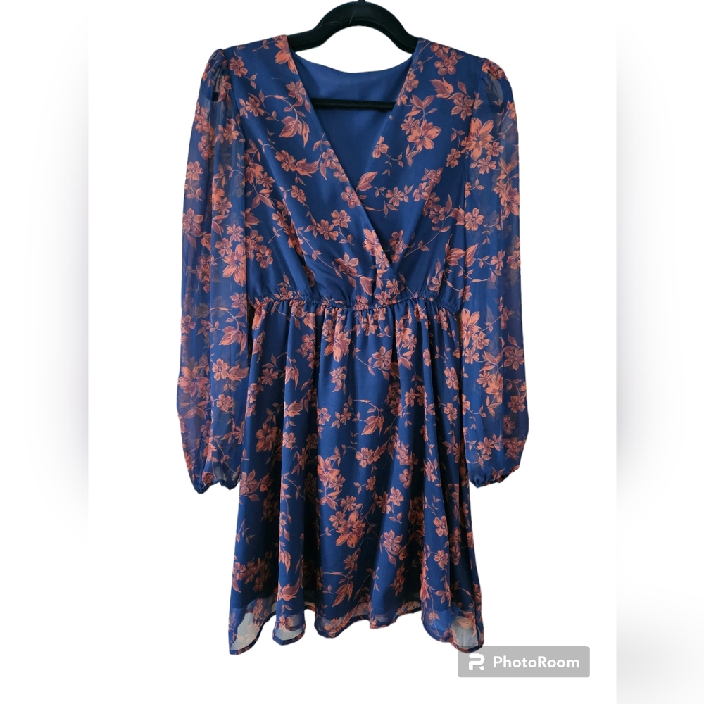 Cupshe Dress Navy with Rust colored floral print, sheer sleeves, S, NWT